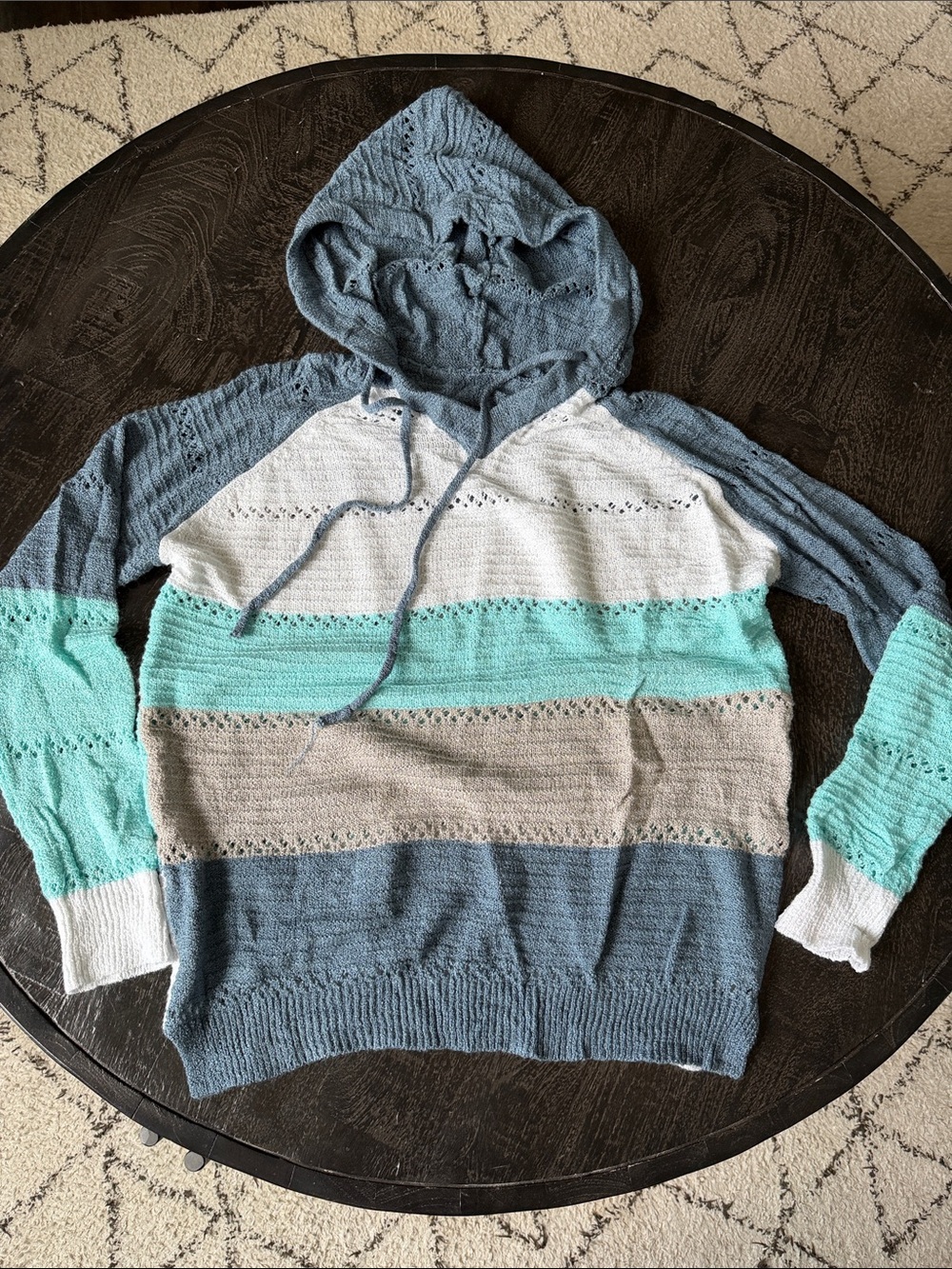 Striped Lightweight Hooded Knit Sweater in Blue, Mint & Cream